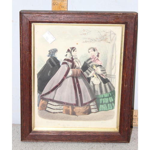 526 - 6 framed antique fashion prints, mid-19th century, with hand coloured details