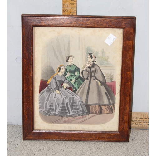 526 - 6 framed antique fashion prints, mid-19th century, with hand coloured details