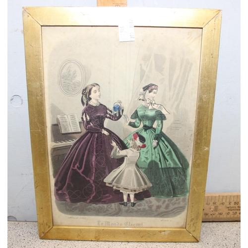 526 - 6 framed antique fashion prints, mid-19th century, with hand coloured details