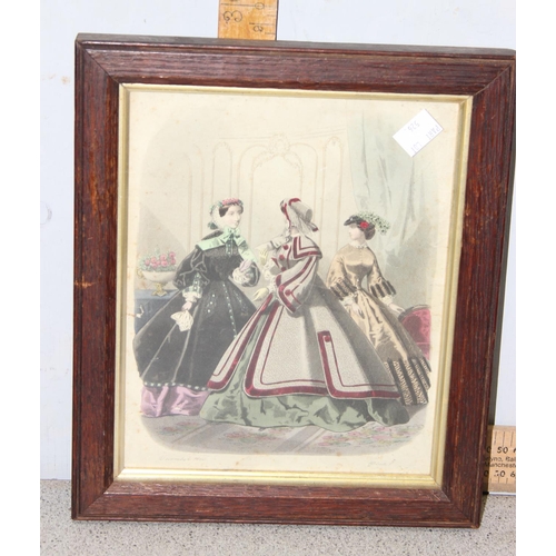 526 - 6 framed antique fashion prints, mid-19th century, with hand coloured details