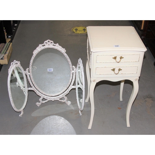 137 - Cream 2-drawer bedside table and a white and gilt framed tryptic dressing table mirror (2)