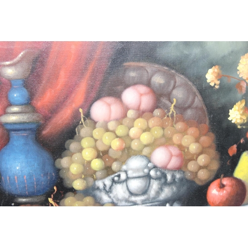 533 - Oil on canvas showing flowers & fruit signed bottom right Koromdoi Kous, approx.82cm x 40cm