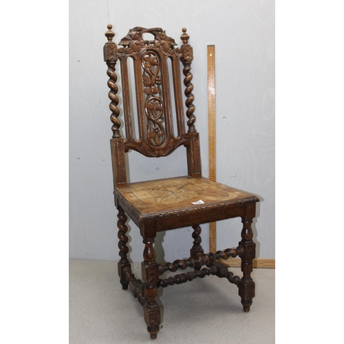 130 - Antique Victorian high back heavily carved barley twist oak hall chair