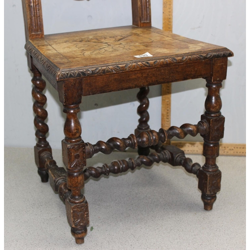 130 - Antique Victorian high back heavily carved barley twist oak hall chair