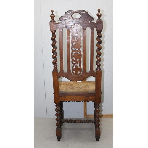 130 - Antique Victorian high back heavily carved barley twist oak hall chair