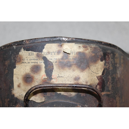 1421 - A late 19th or early 20th century British Royal Navy Bicorn hat in original painted tin case, the ha... 