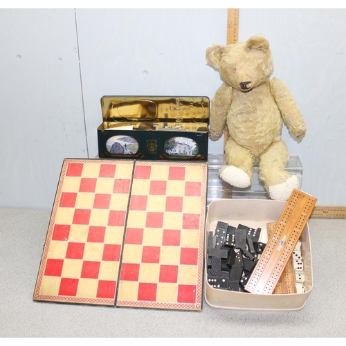 1552 - Qty of vintage toys and games, a vintage teddy bear etc