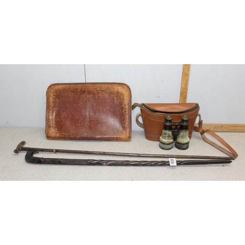 1830 - 2 vintage wooden walking sticks, a pair of early 20th century binoculars and a leather wallet case