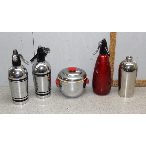 1832 - 4 Retro soda syphons, 1 without lid and a stainless steel Thermos ice bucket