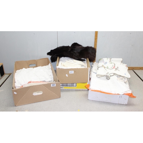 223 - 3 boxes of assorted table linen & lace and other fabric related items to inc Victorian bonnets