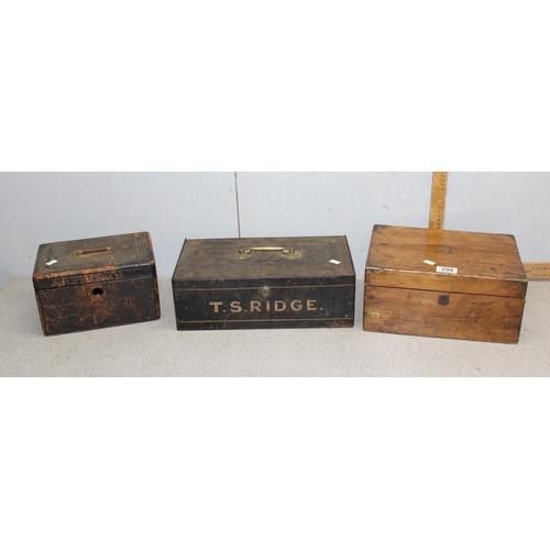 298 - 5 assorted antique and later wooden boxes and leather cases etc and a retro wooden stool box