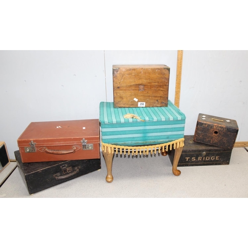 298 - 5 assorted antique and later wooden boxes and leather cases etc and a retro wooden stool box