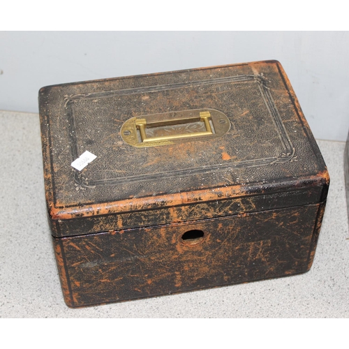 298 - 5 assorted antique and later wooden boxes and leather cases etc and a retro wooden stool box