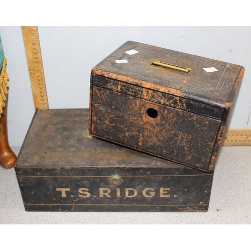 298 - 5 assorted antique and later wooden boxes and leather cases etc and a retro wooden stool box