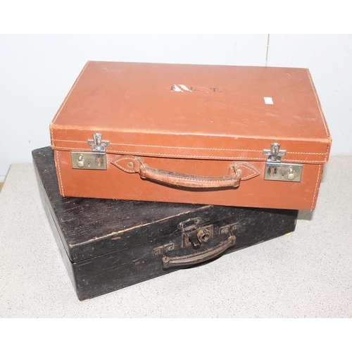 298 - 5 assorted antique and later wooden boxes and leather cases etc and a retro wooden stool box