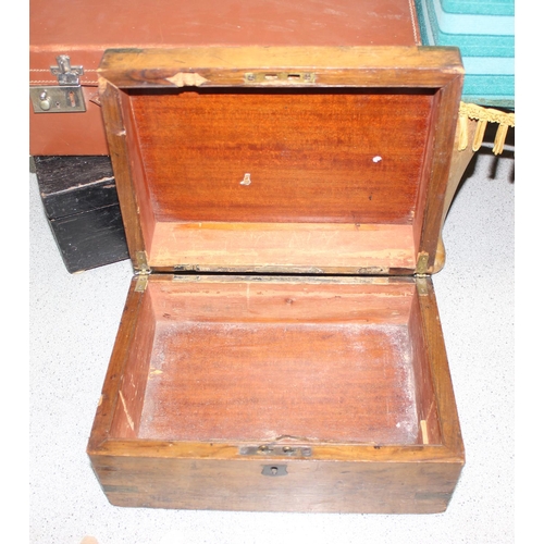 298 - 5 assorted antique and later wooden boxes and leather cases etc and a retro wooden stool box