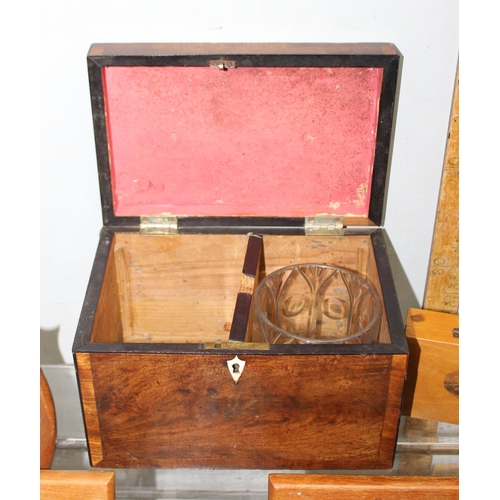 299 - An antique mahogany tea caddy, Mauchline ware box and other small interesting items