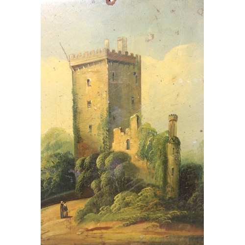 539 - 19th century Irish School oil on papier mache board of Blarney Castle in Cork, unsigned, approx 30cm... 