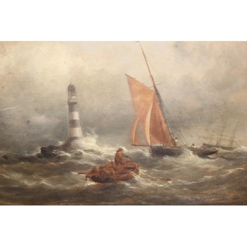 540 - A 19th century oil on board painting of boats in rough seas near a lighthouse, unsigned, bearing Fro... 