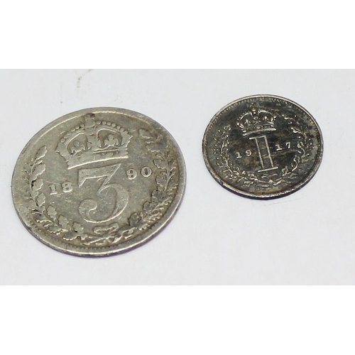 1222 - 2 silver maundy coins, 1917 1d coin & 1890 3d coin