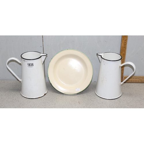 1835 - 2 Enamelware jugs and an enamelware plate