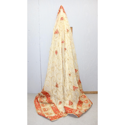 226 - A large vintage Taffeta & Georgette hand embroidered throw or wall hanging with applied sequin and m... 