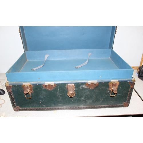 296 - Vintage dark green travel trunk with brass fittings & a two tone leather & canvas suitcase, approx w... 