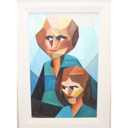 413 - An unusual Cubist style oil on canvas portrait of 2 figures - indistinctly signed and dated - Possib... 