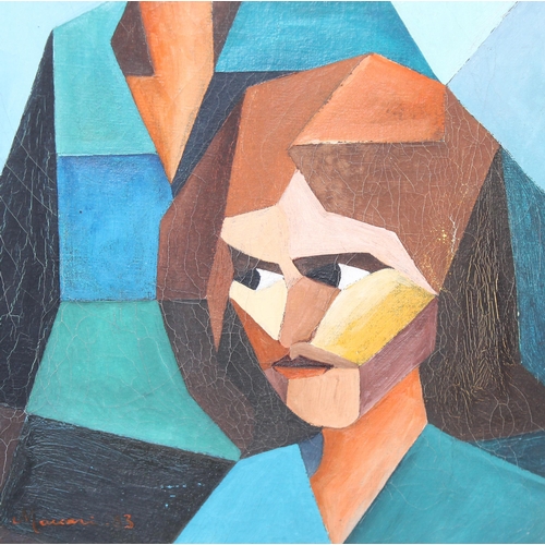 413 - An unusual Cubist style oil on canvas portrait of 2 figures - indistinctly signed and dated - Possib... 