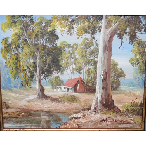 542 - Pair of oil on board paintings both showing farm homesteads, both signed lower right H Burns and 2 l... 