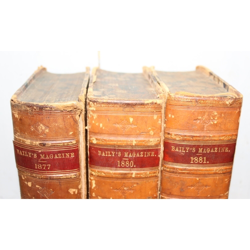 565A - Baily's Magazine of Sports and Pastimes, 3 antique half leather bound volumes, 1877, 1880 & 1881, wi... 