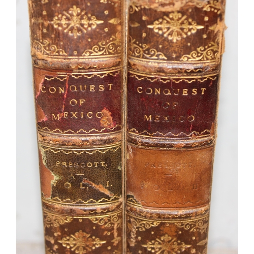 580C - William H Prescott 'History of the conquest of Mexico' Volume l & ll, half leather bound cover with ... 