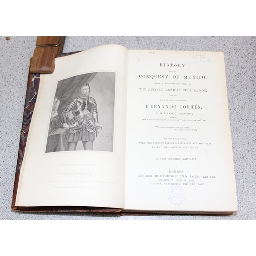 580C - William H Prescott 'History of the conquest of Mexico' Volume l & ll, half leather bound cover with ... 