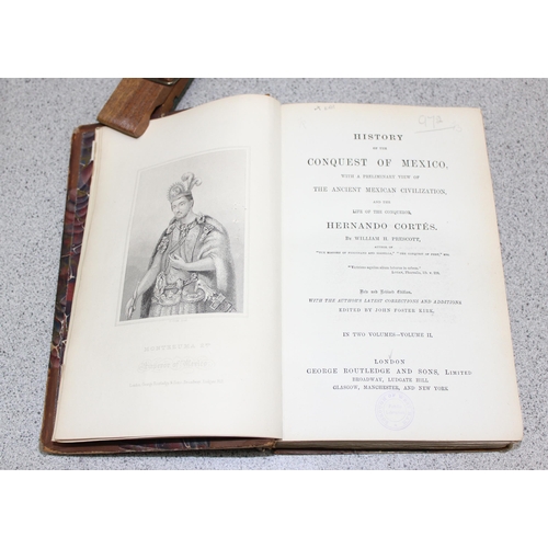 580C - William H Prescott 'History of the conquest of Mexico' Volume l & ll, half leather bound cover with ... 