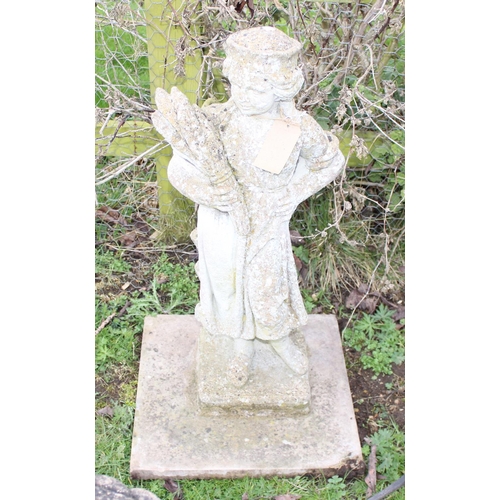 319 - Concrete garden stature of a lady holding wheat, approx 76cm tall