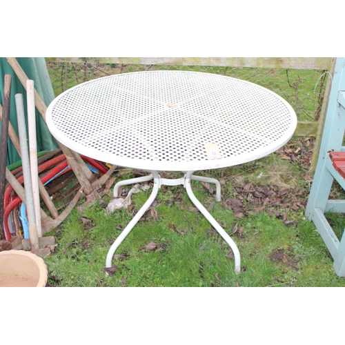 326 - Lattice topped metal garden table, approx 105cm in diameter