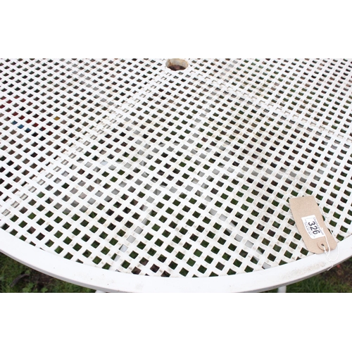 326 - Lattice topped metal garden table, approx 105cm in diameter