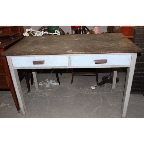 39 - A vintage painted 2 drawer desk or side table with mahogany top, approx 122cm wide