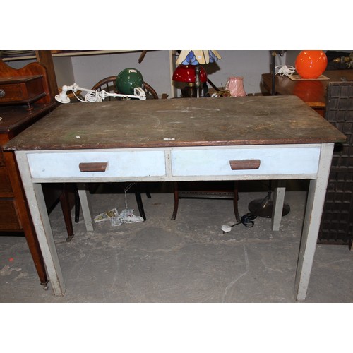 39 - A vintage painted 2 drawer desk or side table with mahogany top, approx 122cm wide