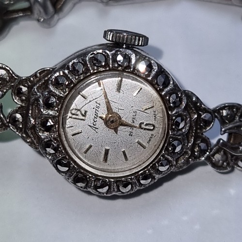 1307 - Silver marcasite Swiss made Accurist 21 Jewels watch with hallmarks, approx 17.35g gross