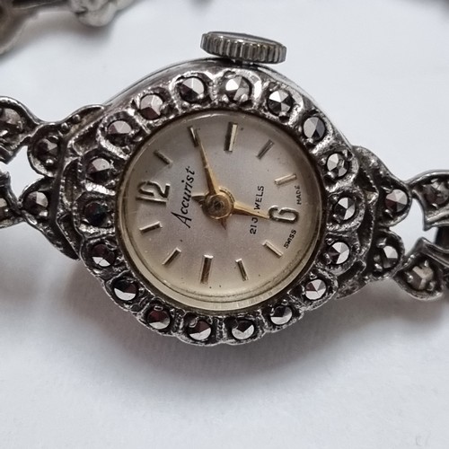 1307 - Silver marcasite Swiss made Accurist 21 Jewels watch with hallmarks, approx 17.35g gross