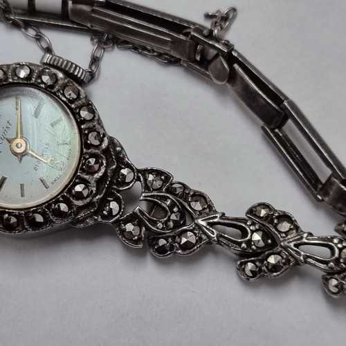 1307 - Silver marcasite Swiss made Accurist 21 Jewels watch with hallmarks, approx 17.35g gross