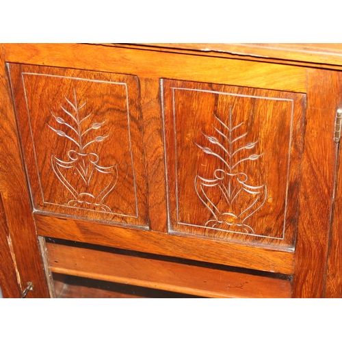 12 - An unusual antique glass fronted pot cupboard with carved details, approx 51cm wide x 93cm high