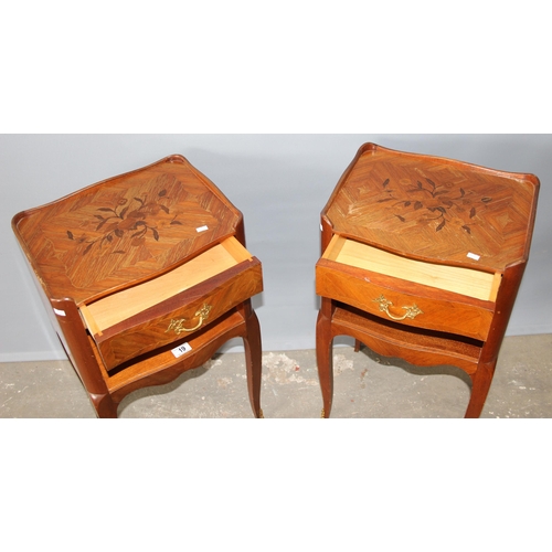 19 - A pair of French Kingwood bedside tables, serpentine outlines, the top with three quarter gallery an... 