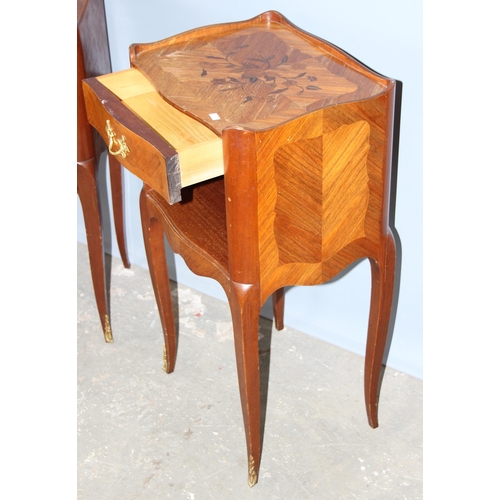 19 - A pair of French Kingwood bedside tables, serpentine outlines, the top with three quarter gallery an... 