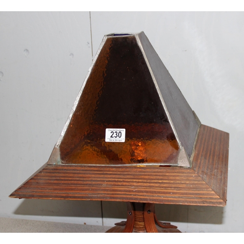 230 - An unusual mid-century turned and laminated wooden table lamp with wooden and stained glass shade, e... 