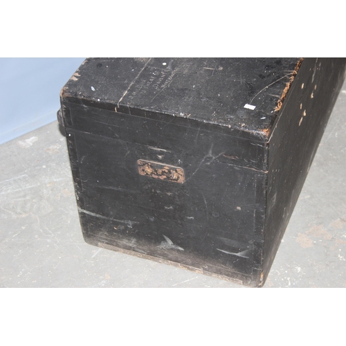 46 - A vintage black painted pine trunk, approx 92cm wide