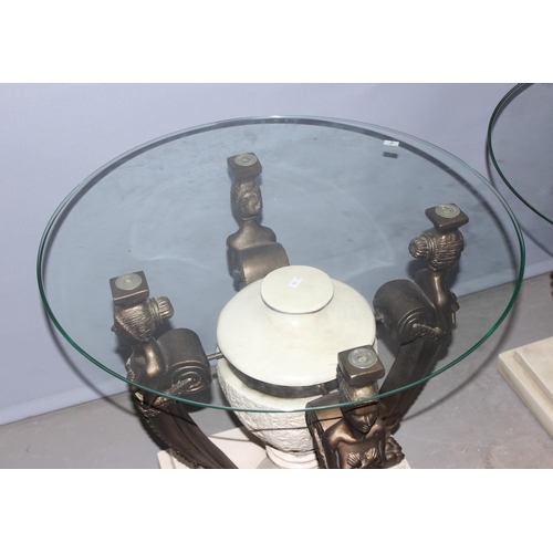 9 - Pair of Egyptian style glass topped side tables, each approx 60cm wide