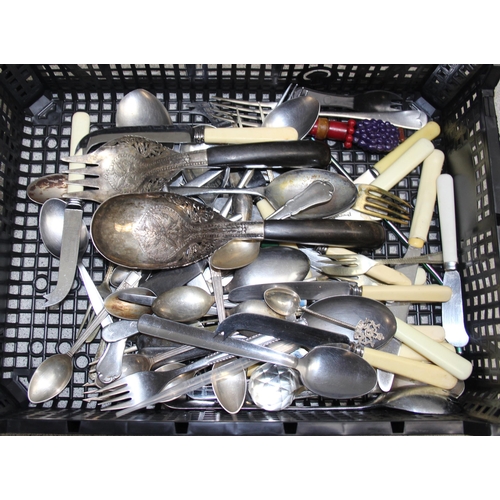 1011 - Qty of assorted cutlery to inc a pair of silver salad severs with horn handles and another small sil... 