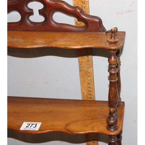 273 - A small vintage wooden wall shelf with turned supports, approx 37cm wide